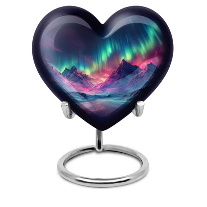 10 Inch heart-shaped Northern Lights themed funeral urn, customizable with engraved names, made of Aluminium, embodies a butterfly and comes with velvet pouch.