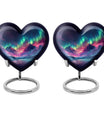 10 Inch heart-shaped Northern Lights themed funeral urn, customizable with engraved names, made of Aluminium, embodies a butterfly and comes with velvet pouch.