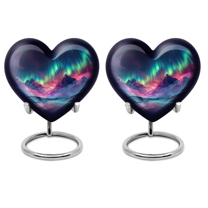 10 Inch heart-shaped Northern Lights themed funeral urn, customizable with engraved names, made of Aluminium, embodies a butterfly and comes with velvet pouch.