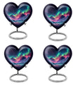 10 Inch heart-shaped Northern Lights themed funeral urn, customizable with engraved names, made of Aluminium, embodies a butterfly and comes with velvet pouch.