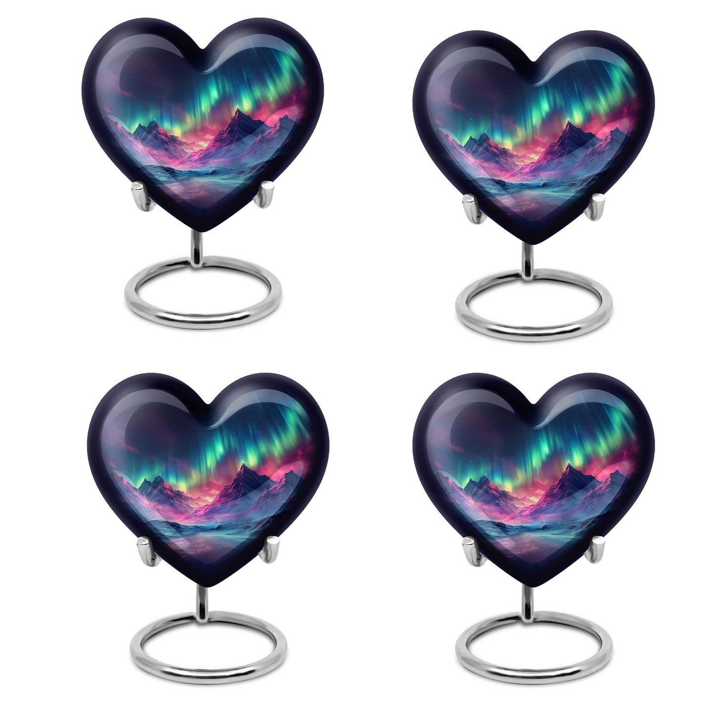 10 Inch heart-shaped Northern Lights themed funeral urn, customizable with engraved names, made of Aluminium, embodies a butterfly and comes with velvet pouch.