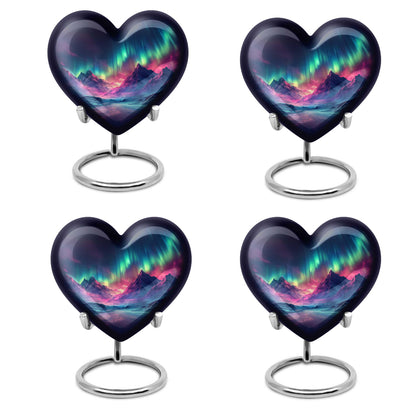 10 Inch heart-shaped Northern Lights themed funeral urn, customizable with engraved names, made of Aluminium, embodies a butterfly and comes with velvet pouch.