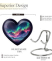 10 Inch heart-shaped Northern Lights themed funeral urn, customizable with engraved names, made of Aluminium, embodies a butterfly and comes with velvet pouch.