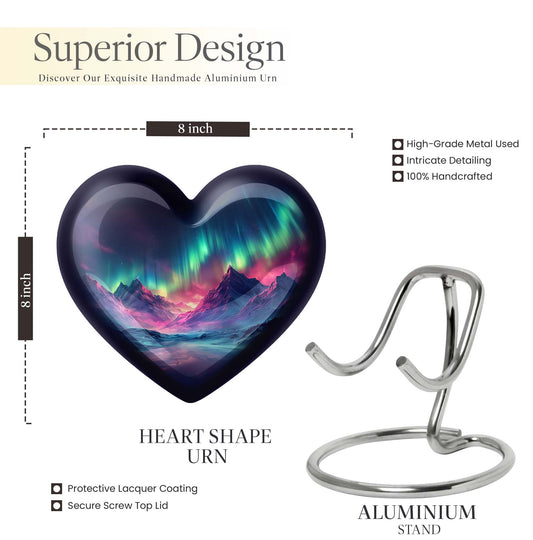 10 Inch heart-shaped Northern Lights themed funeral urn, customizable with engraved names, made of Aluminium, embodies a butterfly and comes with velvet pouch.