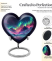 10 Inch heart-shaped Northern Lights themed funeral urn, customizable with engraved names, made of Aluminium, embodies a butterfly and comes with velvet pouch.