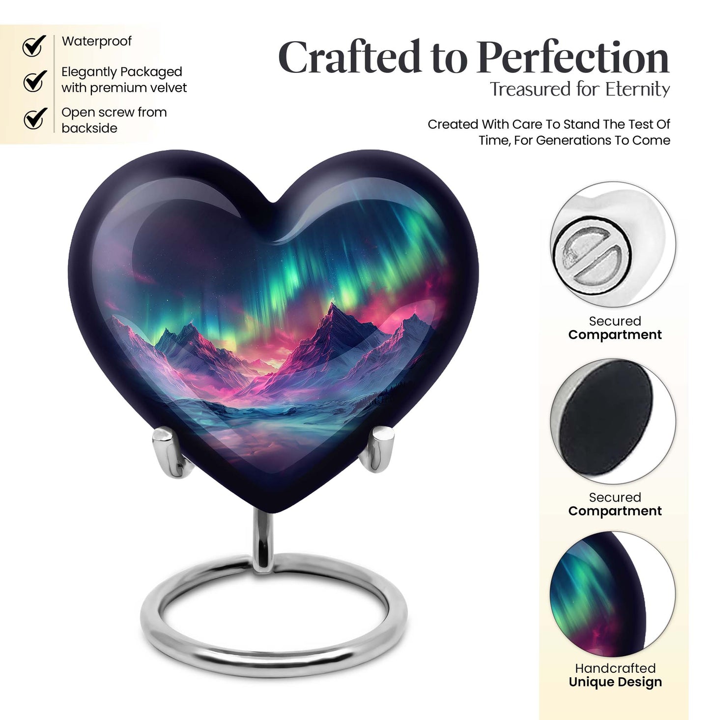 10 Inch heart-shaped Northern Lights themed funeral urn, customizable with engraved names, made of Aluminium, embodies a butterfly and comes with velvet pouch.