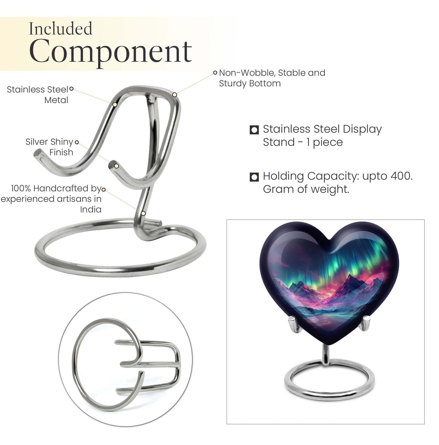 10 Inch heart-shaped Northern Lights themed funeral urn, customizable with engraved names, made of Aluminium, embodies a butterfly and comes with velvet pouch.