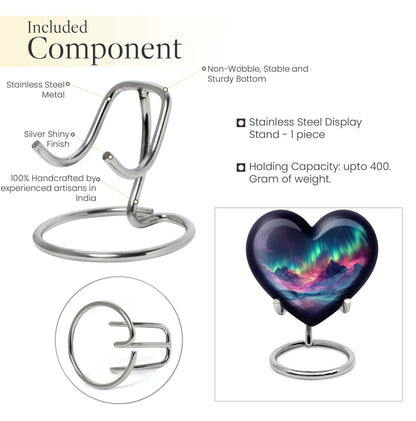 10 Inch heart-shaped Northern Lights themed funeral urn, customizable with engraved names, made of Aluminium, embodies a butterfly and comes with velvet pouch.