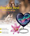 10 Inch heart-shaped Northern Lights themed funeral urn, customizable with engraved names, made of Aluminium, embodies a butterfly and comes with velvet pouch.