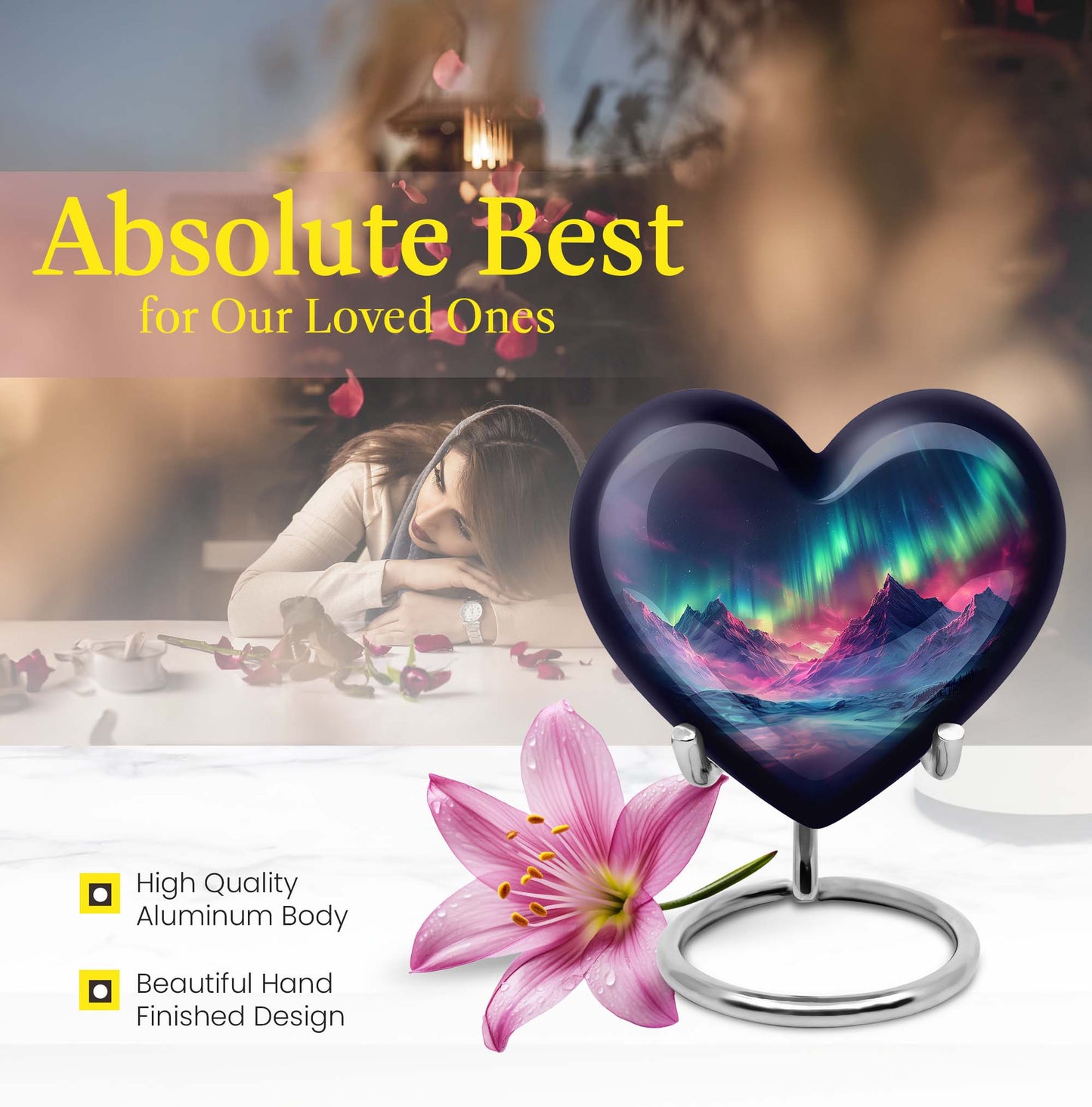 10 Inch heart-shaped Northern Lights themed funeral urn, customizable with engraved names, made of Aluminium, embodies a butterfly and comes with velvet pouch.