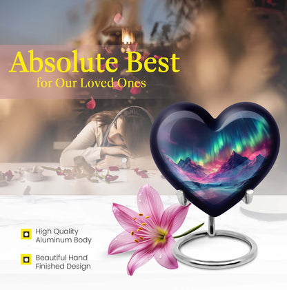 10 Inch heart-shaped Northern Lights themed funeral urn, customizable with engraved names, made of Aluminium, embodies a butterfly and comes with velvet pouch.