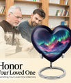 10 Inch heart-shaped Northern Lights themed funeral urn, customizable with engraved names, made of Aluminium, embodies a butterfly and comes with velvet pouch.