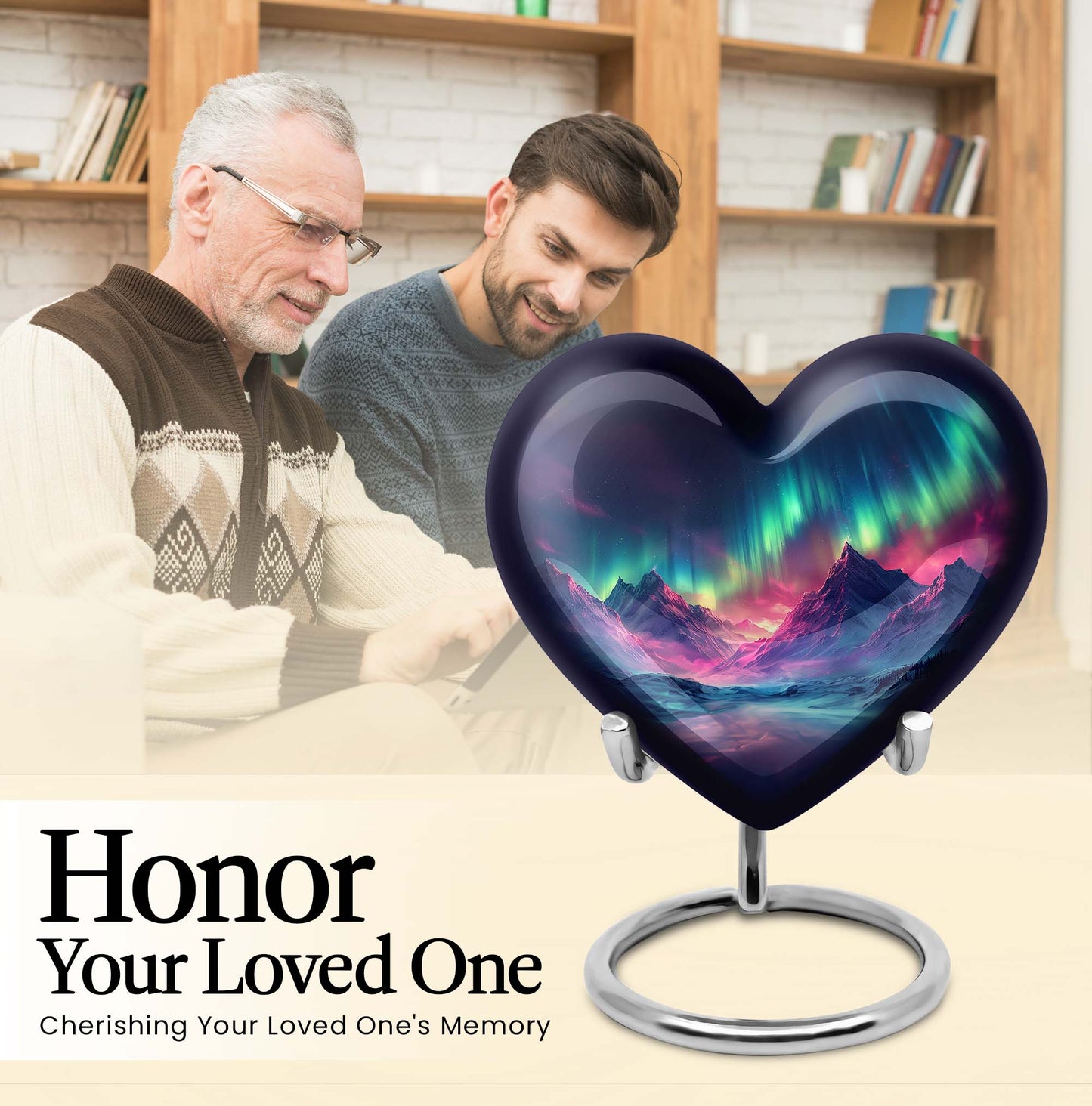 10 Inch heart-shaped Northern Lights themed funeral urn, customizable with engraved names, made of Aluminium, embodies a butterfly and comes with velvet pouch.