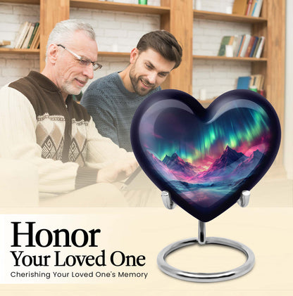 10 Inch heart-shaped Northern Lights themed funeral urn, customizable with engraved names, made of Aluminium, embodies a butterfly and comes with velvet pouch.