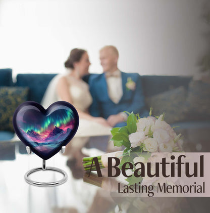 10 Inch heart-shaped Northern Lights themed funeral urn, customizable with engraved names, made of Aluminium, embodies a butterfly and comes with velvet pouch.