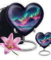 10 Inch heart-shaped Northern Lights themed funeral urn, customizable with engraved names, made of Aluminium, embodies a butterfly and comes with velvet pouch.