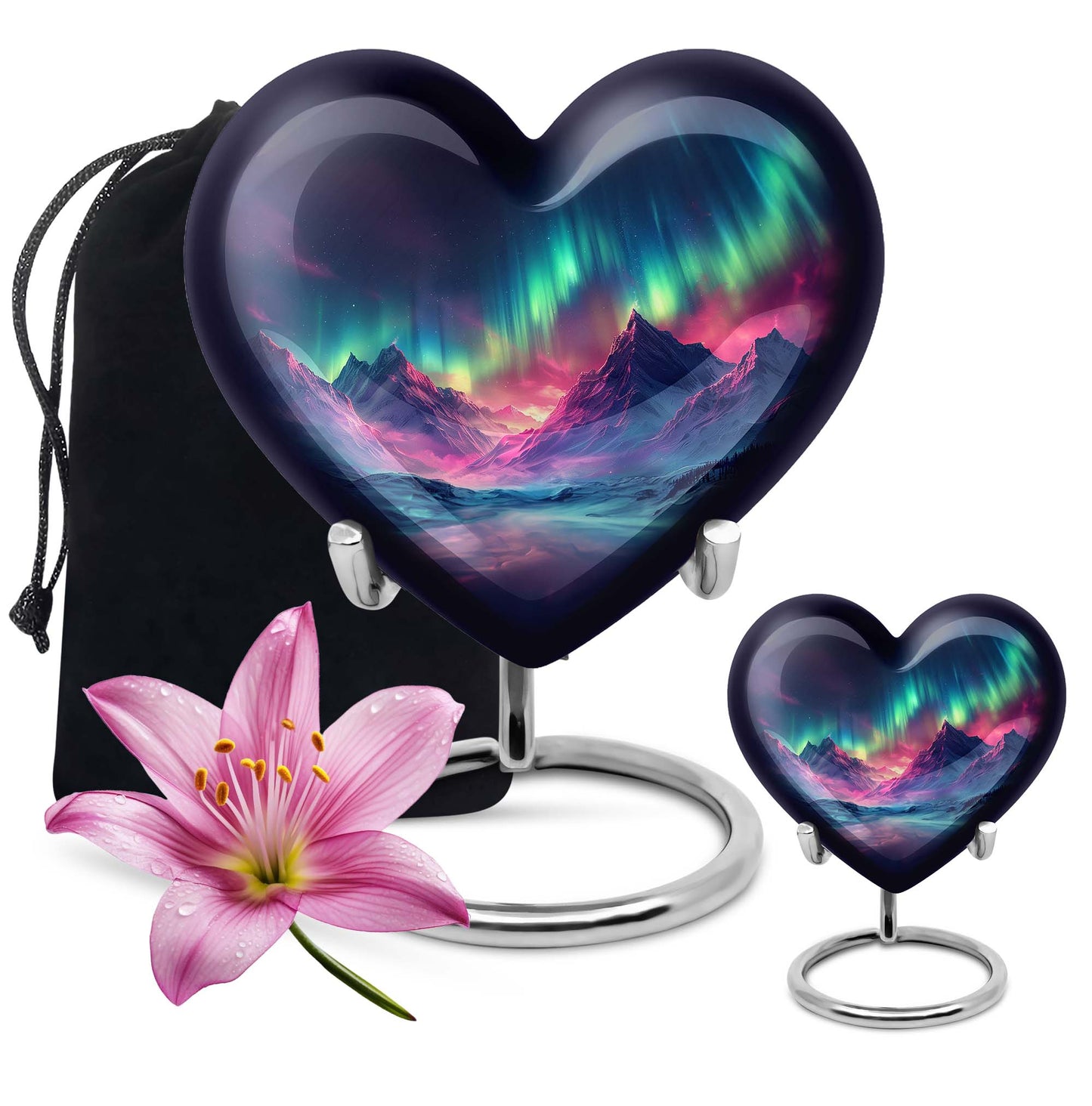10 Inch heart-shaped Northern Lights themed funeral urn, customizable with engraved names, made of Aluminium, embodies a butterfly and comes with velvet pouch.