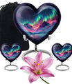 10 Inch heart-shaped Northern Lights themed funeral urn, customizable with engraved names, made of Aluminium, embodies a butterfly and comes with velvet pouch.