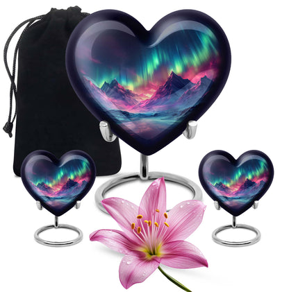 10 Inch heart-shaped Northern Lights themed funeral urn, customizable with engraved names, made of Aluminium, embodies a butterfly and comes with velvet pouch.