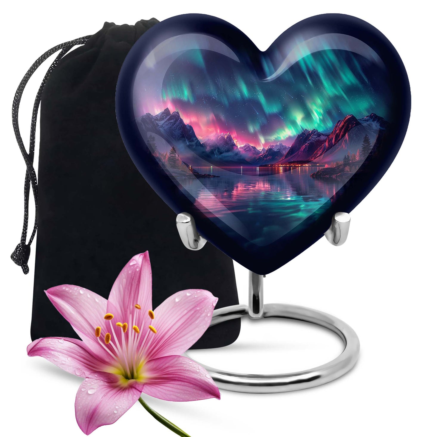 10 inch Northern Lights themed heart-shaped memorial urn 