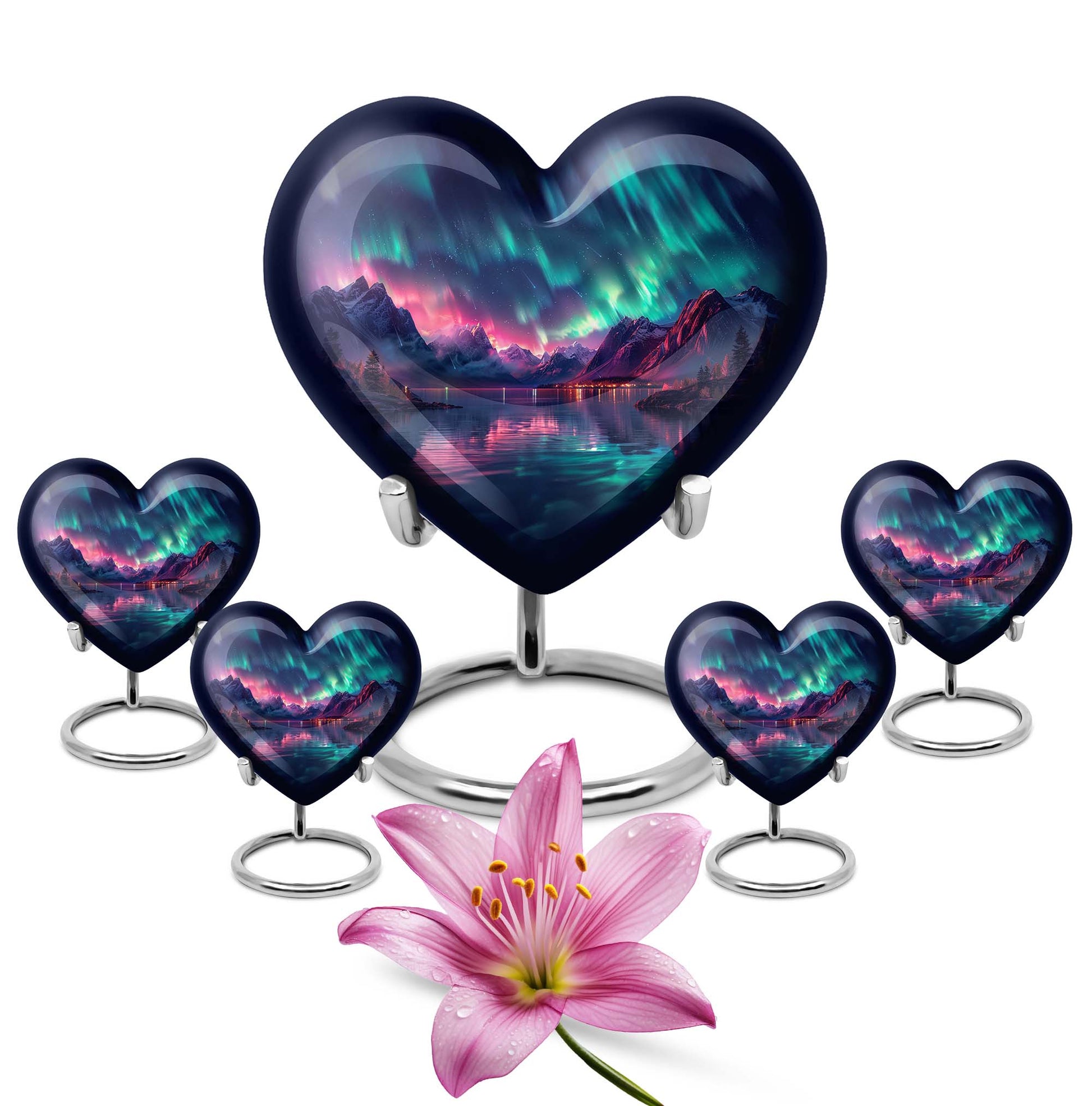 10 inch Northern Lights themed heart-shaped memorial urn 