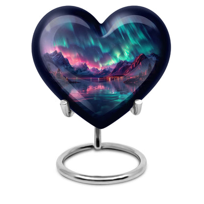 10 inch Northern Lights themed heart-shaped memorial urn 