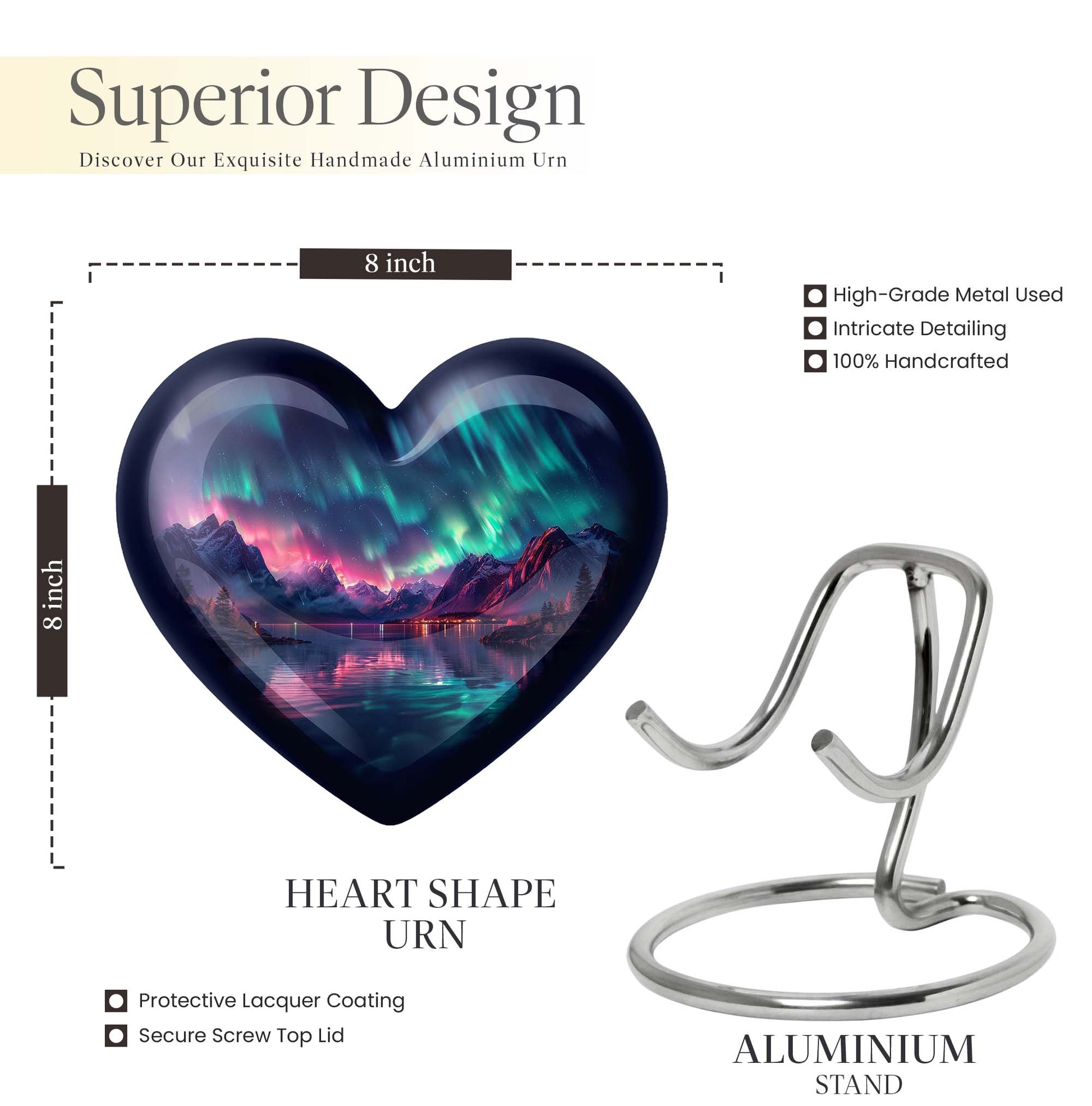 10 inch Northern Lights themed heart-shaped memorial urn 