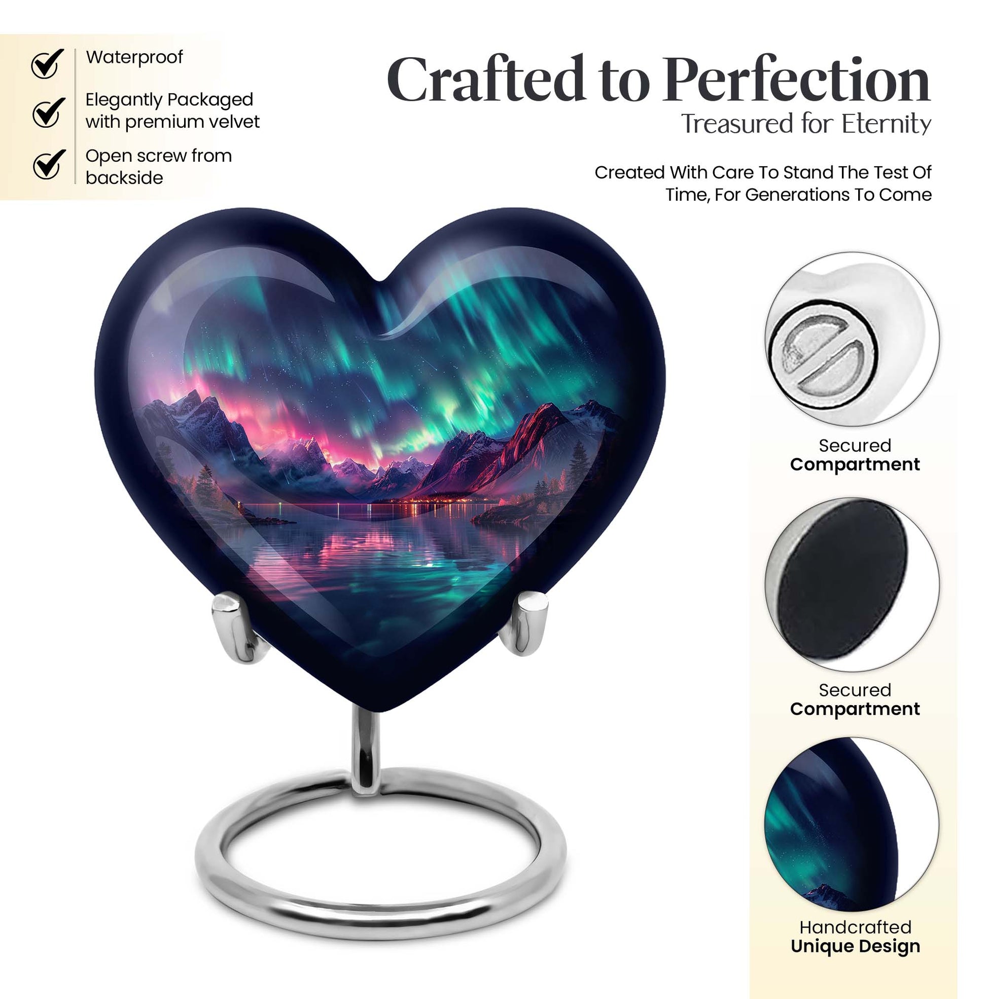 10 inch Northern Lights themed heart-shaped memorial urn 