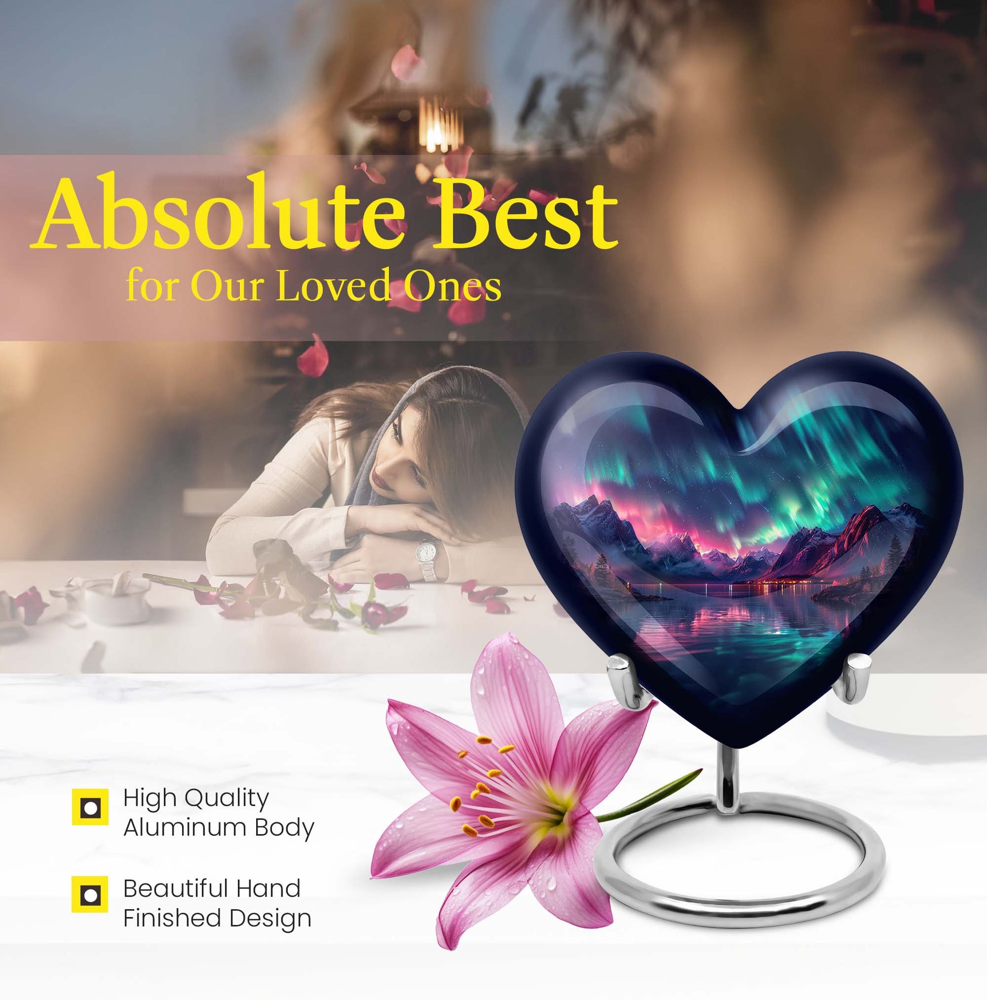 10 inch Northern Lights themed heart-shaped memorial urn 