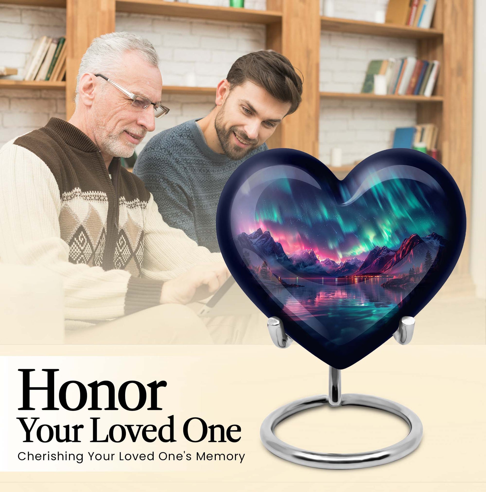 10 inch Northern Lights themed heart-shaped memorial urn 