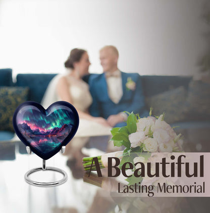 10 inch Northern Lights themed heart-shaped memorial urn 