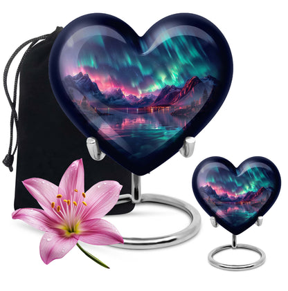 10 inch Northern Lights themed heart-shaped memorial urn 