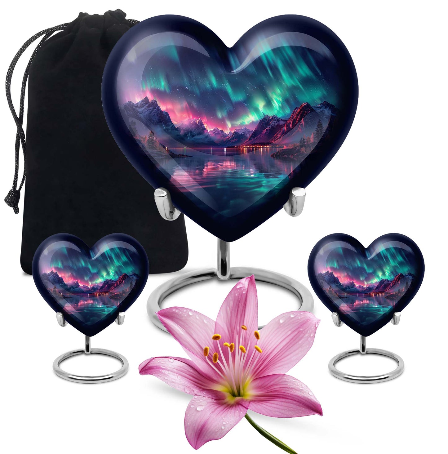 10 inch Northern Lights themed heart-shaped memorial urn 