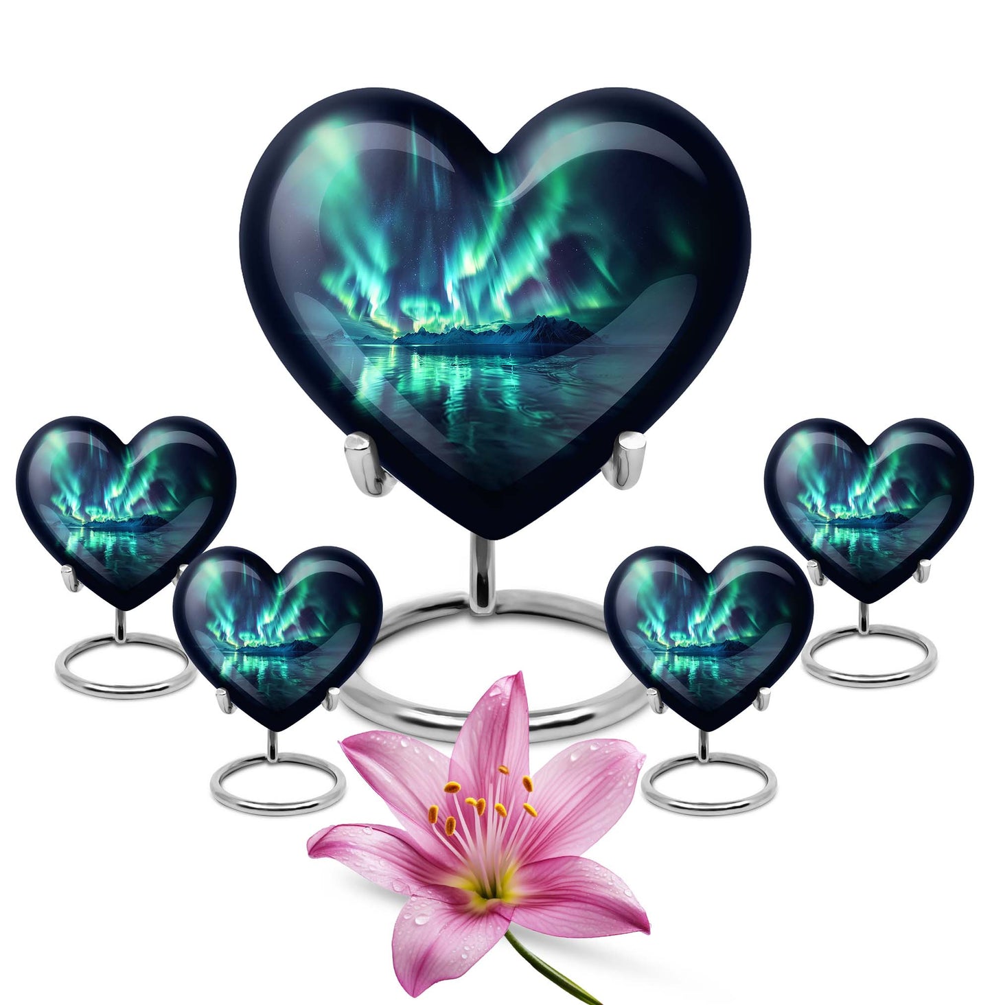 10-inch Northern Lights-themed Heart Urn for mom, adorned with butterfly design