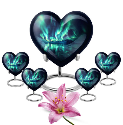 10-inch Northern Lights-themed Heart Urn for mom, adorned with butterfly design