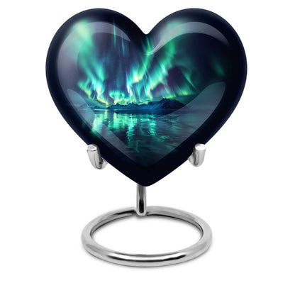 10-inch Northern Lights-themed Heart Urn for mom, adorned with butterfly design