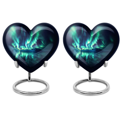 10-inch Northern Lights-themed Heart Urn for mom, adorned with butterfly design