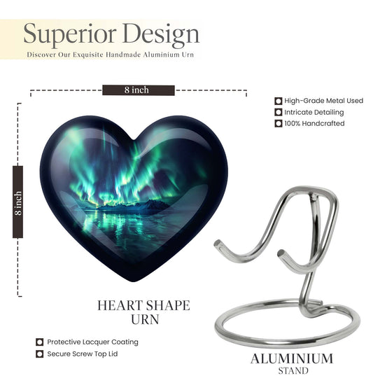 10-inch Northern Lights-themed Heart Urn for mom, adorned with butterfly design
