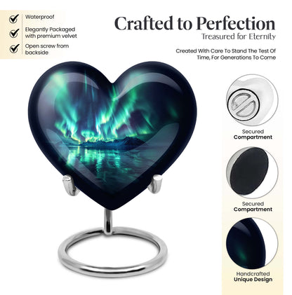 10-inch Northern Lights-themed Heart Urn for mom, adorned with butterfly design