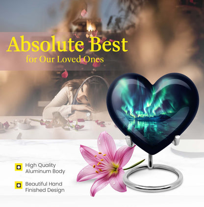 10-inch Northern Lights-themed Heart Urn for mom, adorned with butterfly design