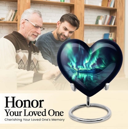 10-inch Northern Lights-themed Heart Urn for mom, adorned with butterfly design