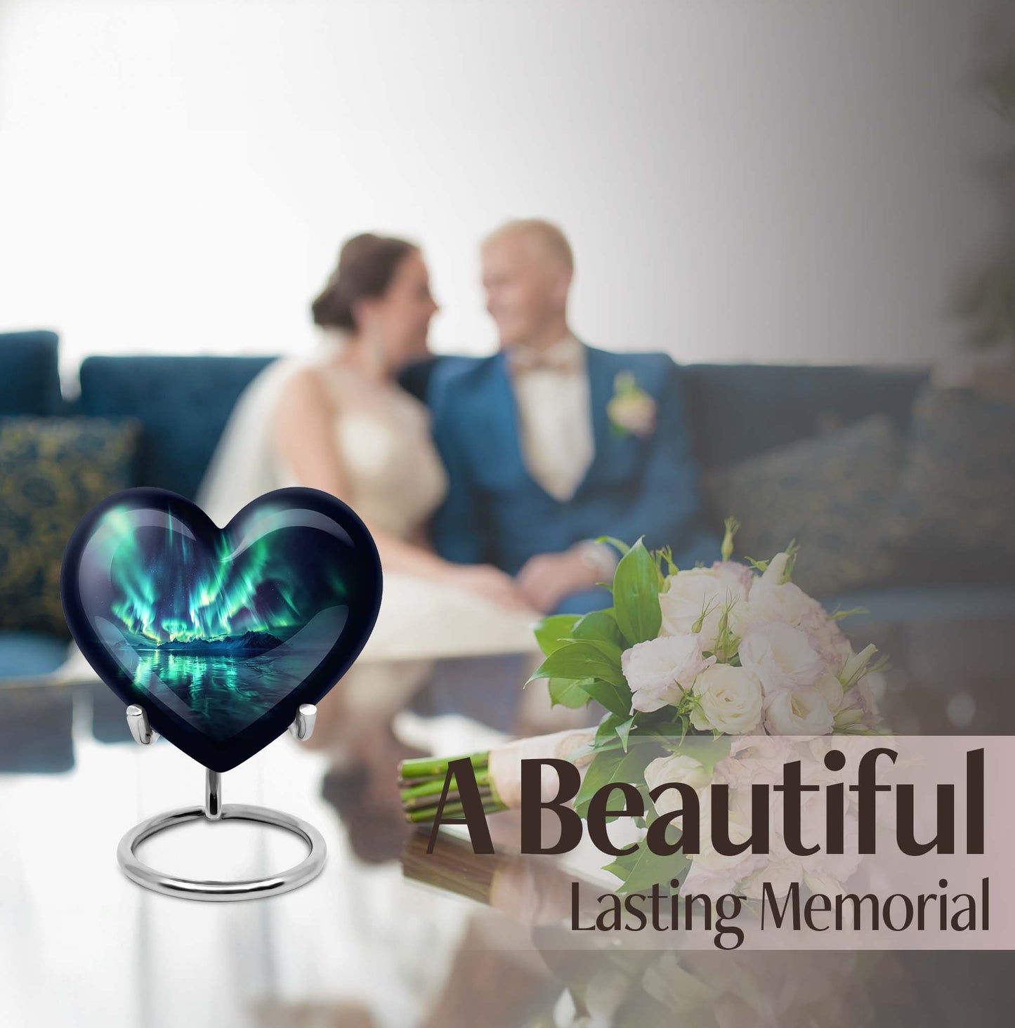 10-inch Northern Lights-themed Heart Urn for mom, adorned with butterfly design