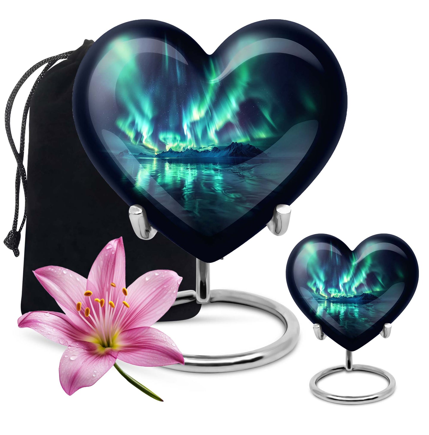 10-inch Northern Lights-themed Heart Urn for mom, adorned with butterfly design