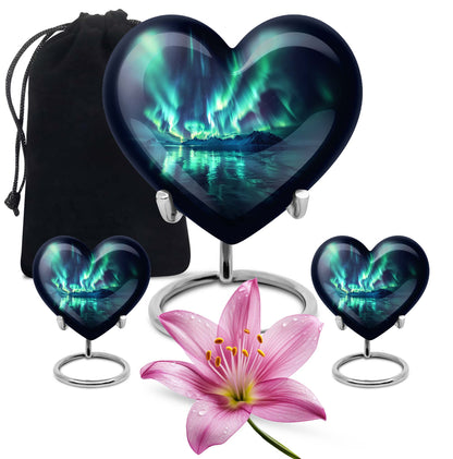 10-inch Northern Lights-themed Heart Urn for mom, adorned with butterfly design