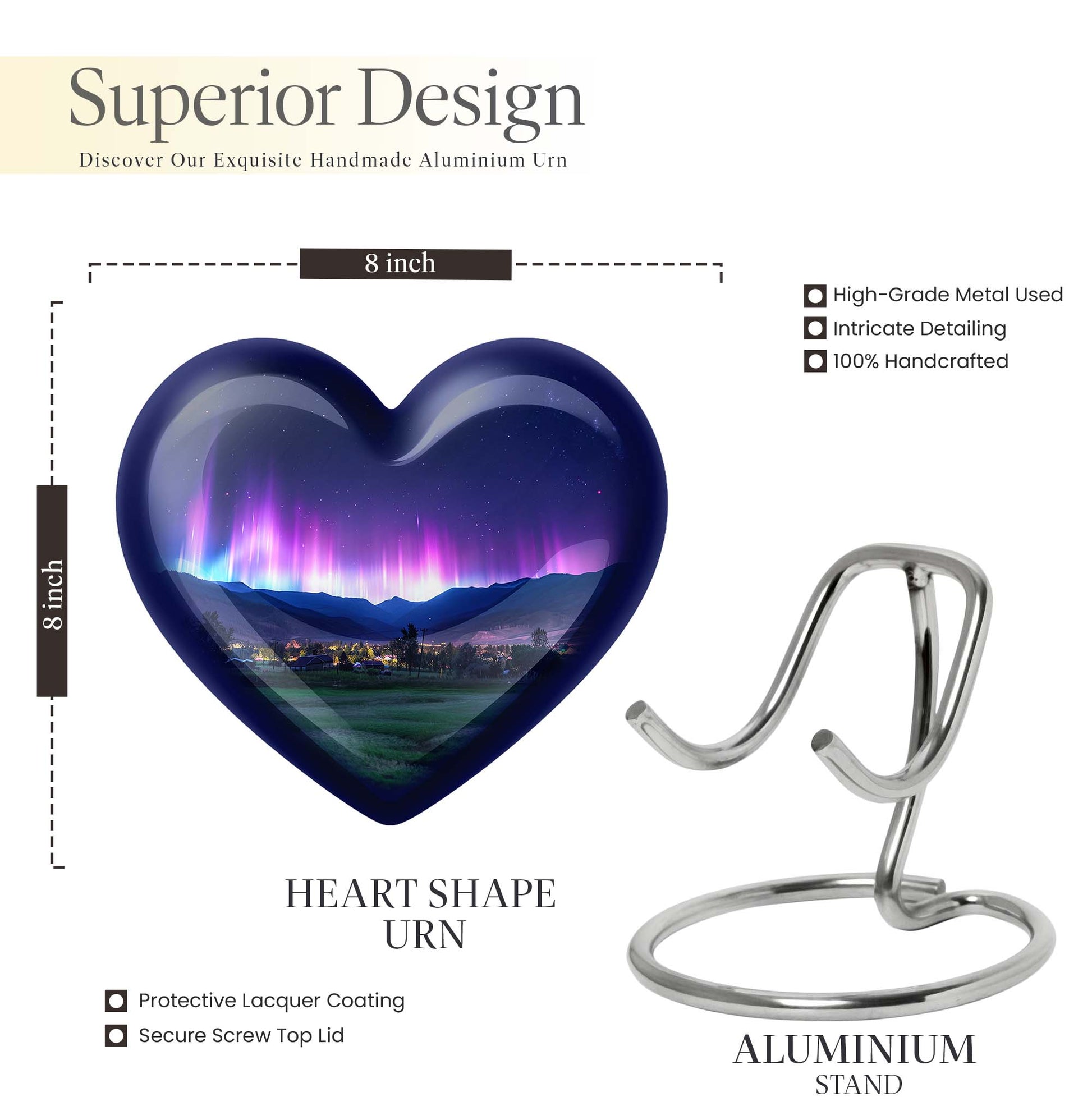 10-inch Northern Lights themed Heart Urn 
