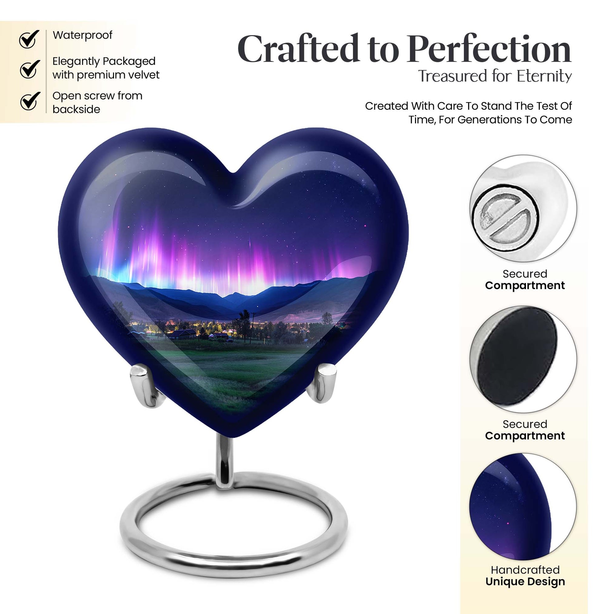 10-inch Northern Lights themed Heart Urn 