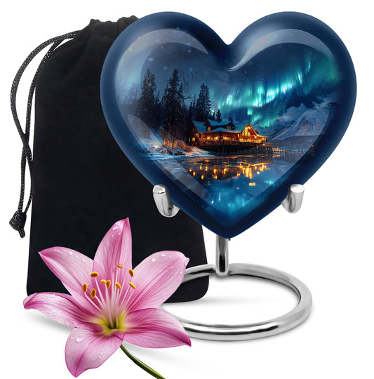 Northern Lights-themed heart urn for ashes