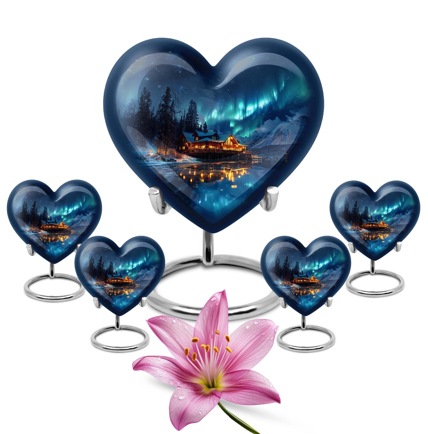 Northern Lights-themed heart urn for ashes