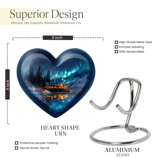 Northern Lights-themed heart urn for ashes