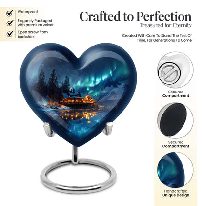 Northern Lights-themed heart urn for ashes